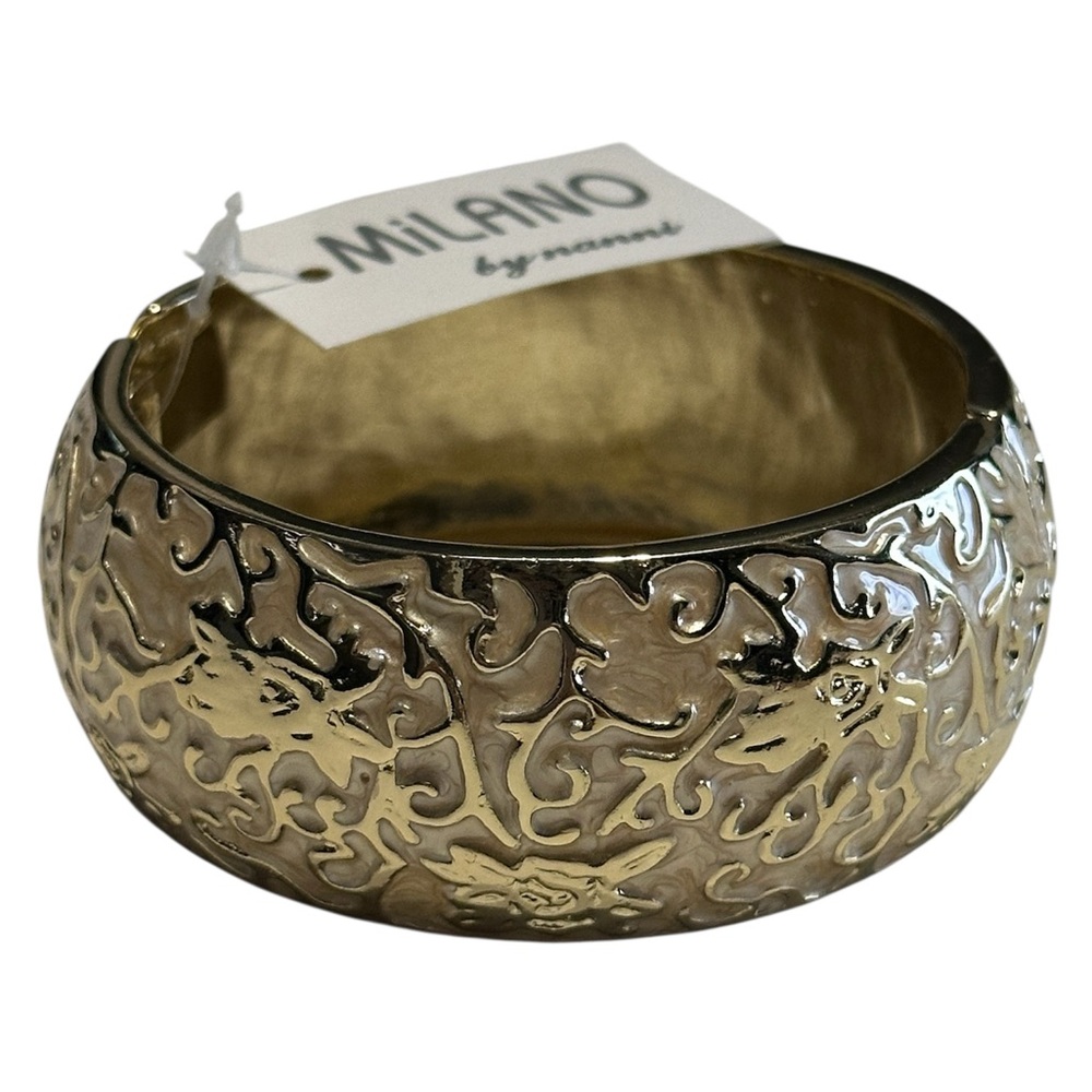Milano by Nanni Gold Tone Ivory Enamel Metal Floral Design Hinged Wide Bracelet